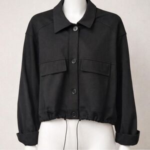 Max Studio London Cropped Black Jacket Drawstring Hem Y2K Med.